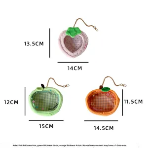 Detailed size chart for strawberry orange and apple plush bags with dimensions