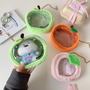 Cute fruit-shaped plush doll display bags with clear PVC windows and metal chains