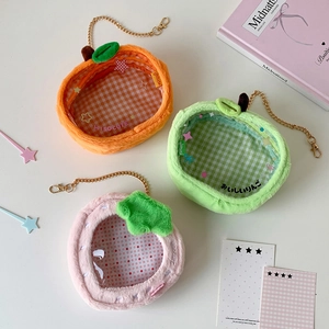 Plush fruit-shaped bags in strawberry, orange, and apple designs with clear PVC windows