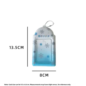 Detail of blue snowflake PVC photocard holder with silver chain and 9.5x6.6cm card slot