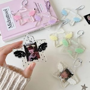 Star-shaped glitter acrylic photo frame keychain with wings and metallic bead chain