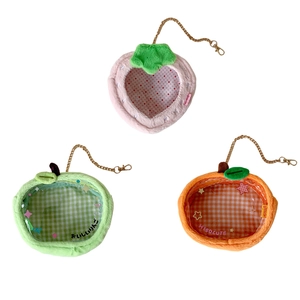 Cartoon fruit plush display bags with clear PVC windows and golden metal chains