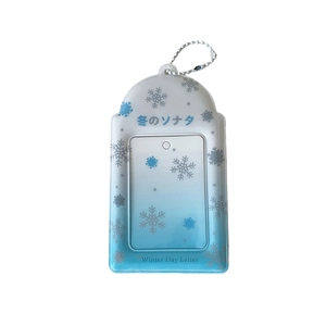 Blue and white gradient PVC photocard holder with snowflake patterns and silver bead chain