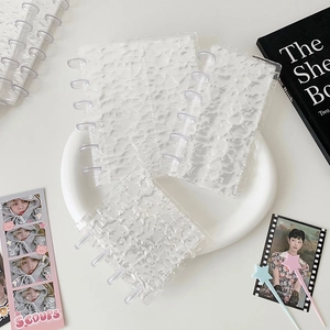 Close-up of clear water ripple texture PVC binder covers for photocard collection