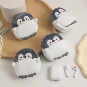 Cute penguin plush coin purse and earphone storage bag with metal keychain hook