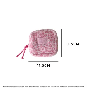 Pink leopard plush mini pouch dimensions 11.5x11.5cm with zipper and soft fur texture