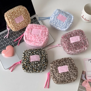Leopard Print Plush Makeup Bag Portable Mini Faux Fur Cosmetic Pouch For Women Travel Sanitary Napkin Storage Bag Coin Purse