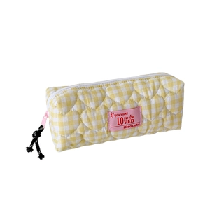 Quilted heart pattern yellow checkered fabric pencil case with pink zipper pull