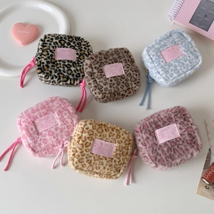 Set of six soft leopard print plush makeup bags in multiple colors with zip closure