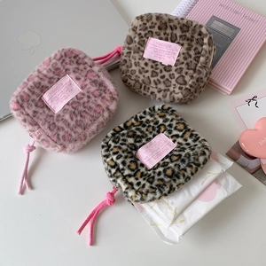 Plush leopard print square makeup bags in pink and brown faux fur for personal care