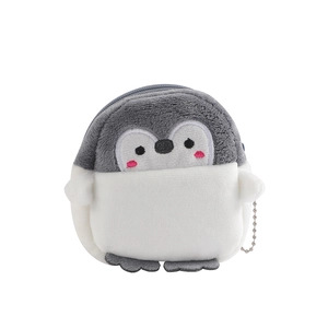 Cute plush penguin coin purse with gray soft fur and metal bead chain for bag charm