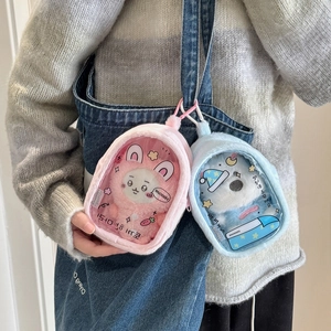 Cartoon plush doll display bag with clear PVC window in pink rabbit and blue bear styles
