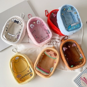 Transparent plush storage bag with cartoon animal design and colorful carabiner clip