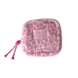 Pink leopard print plush square makeup bag with Hisocute brand tag and soft rope zipper