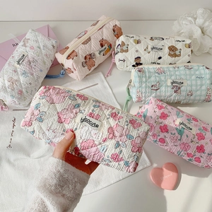 Quilted floral and cartoon stationery pouch with zipper and soft cotton texture