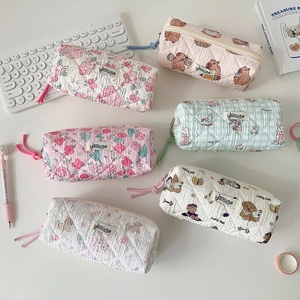 Quilted Fabric Pencil Case Korean Cartoon Animal Floral Makeup Bag Zipper Closure Stationery Storage Bag For Students Girls