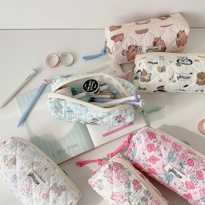 Cute Korean quilted pencil case with cartoon dog and floral patterns for stationery storage