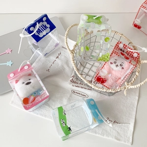 Cute milk carton shaped clear PVC display bag for plush dolls with fruit illustrations