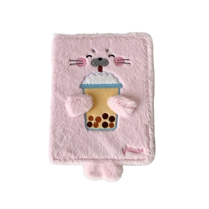 Pink plush A5 photo card binder with cute cartoon embroidery and soft faux fur texture