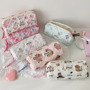 Cute quilted cotton stationery pouch with cartoon prints and a zipper rope charm