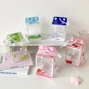 Transparent fruit milk box display bag for plush dolls with decorative beaded lanyard