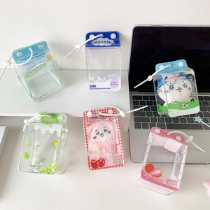 Clear milk carton shape doll display bag with colorful fruit patterns and lanyard