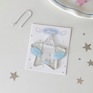 Star-shaped acrylic photo card holder with blue wings and a white bead chain hanging