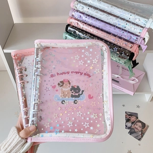 Detail of A5 cartoon dog laser star binder with zipper and transparent PVC sleeves