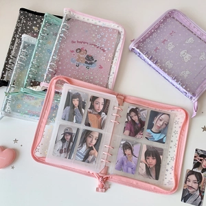 A5 laser star binder with zipper for photo card storage in pink, purple, blue, and black