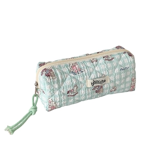 Cute green quilted pencil case with cartoon animal prints and Hisocute brand tag