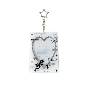 Bow hollow photocard holder with purple pearl heart and star-shaped silver keychain
