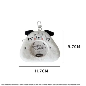 White plush puppy badge holder with transparent window and metal clip, 11.7cm width