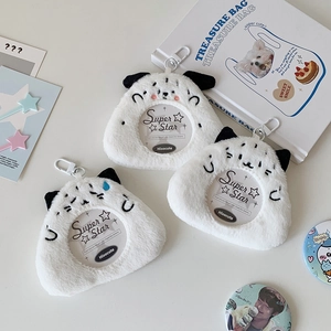 Plush anime badge holder with cute animal ears and transparent window display