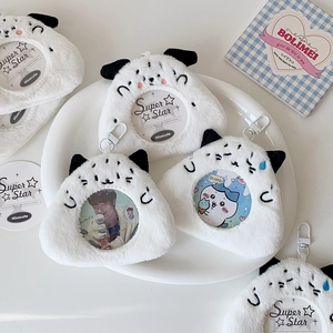 Detail of plush anime rice ball card holder with clear window and secure plastic hook