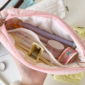 Pink large capacity pleated pencil case with double layer mesh organizer for stationery