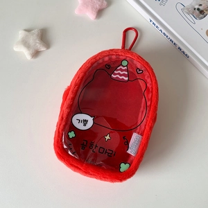 Red plush trim transparent storage bag for plush dolls with metal hook and cute cat motifs