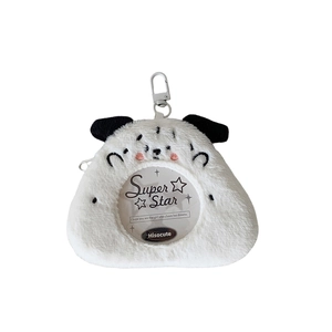 Plush cartoon puppy badge holder with clear display window and silver metal clip hook
