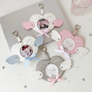 Kawaii Heart Angel Wings Card Holder PU Leather ID Photo Sleeve With Satin Bowknot Heart Hook For Idol Photo Badge Protection