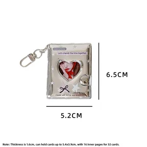 Detailed dimensions of silver glitter mini heart album keychain with 32 card capacity