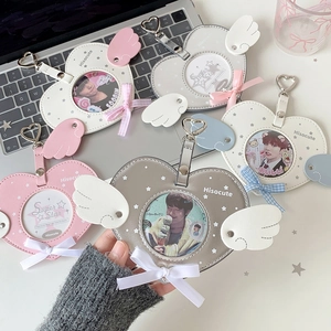 Kawaii heart-shaped card holder with angel wings and bow for photo display charm