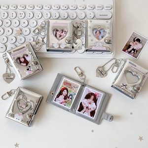 Mini Photo Album Keychain Silver Mirror Heart Cutout Star Cartoon Photocard Holder Portable Gift For Students Girls