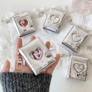 Shiny silver 2-inch mini photo album with heart cutout and metal keyring for kpop cards