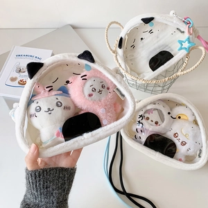 Cute white cartoon plush ita bag with transparent window and adjustable strap