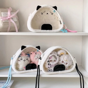 Onigiri Shape Plush Crossbody Ita Bag For Dolls Transparent PVC Window Cartoon Cat Ears Soft Shoulder Pouch For Kids Students