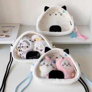 Three white plush triangular crossbody bags with clear windows and cute stuffed animal dolls