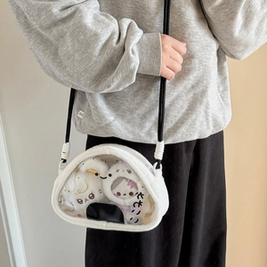 Cute white plush crossbody bag with transparent window and cartoon doll display
