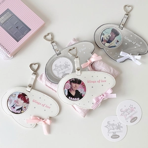 Cute angel wing badge holder with heart carabiner for 70mm round anime pins and cards