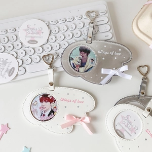 Cloud-shaped leather photo card holder with silk ribbon and heart-shaped keychain