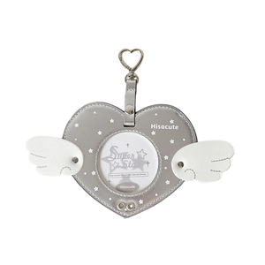 Silver heart-shaped photo holder with white wings and a heart metal buckle for bag decor