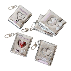 Silver glitter 2-inch heart hollow photo album keychain with Y2K star and puppy designs